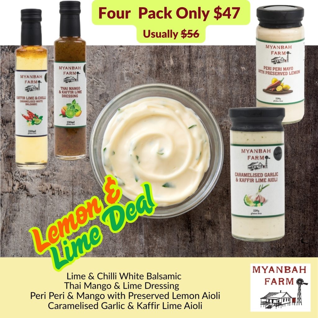 Indulge in the Myanbah Farm Lemon & Lime Aioli, Dressing, & Balsamic Deal—a culinary adventure packed with vibrant flavors. Originally $56, now only $47 for a limited time!