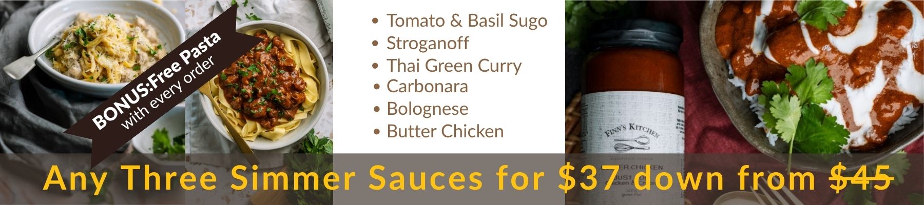Finns simmer sauces sale deal three pack including two free pastas worth $21.40